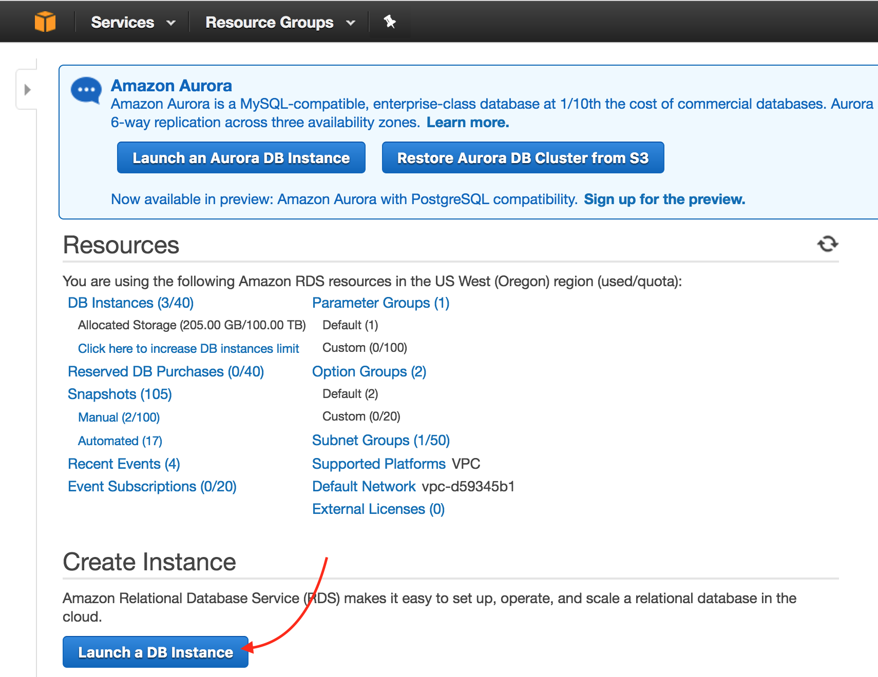 AWS RDS page